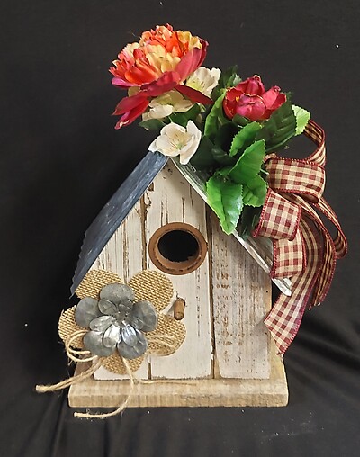 AF Wooden Bird House with Burgundy Silk Design 1