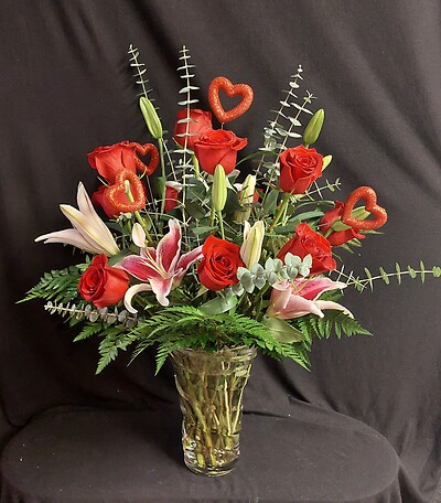 AF Rose and Lily Arrangement in Upgraded Spiral Vase