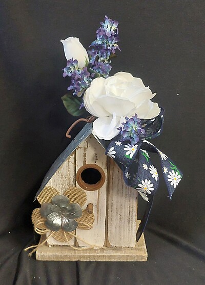 AF Wooden Bird House with White and Blue Silk Design 2