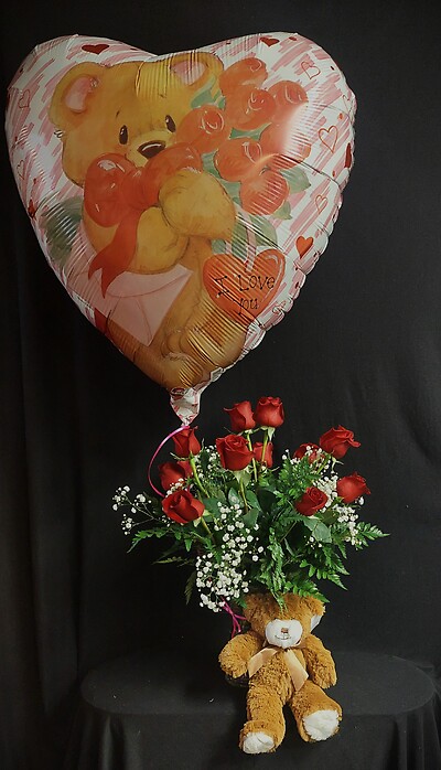 Arnold Florist Bear, Balloon and Blooms Bouquet